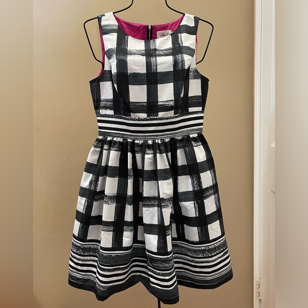 ELIZA J. Cocktail Dress, Black White Plaid Brushstroke, Pockets, Sleeveless